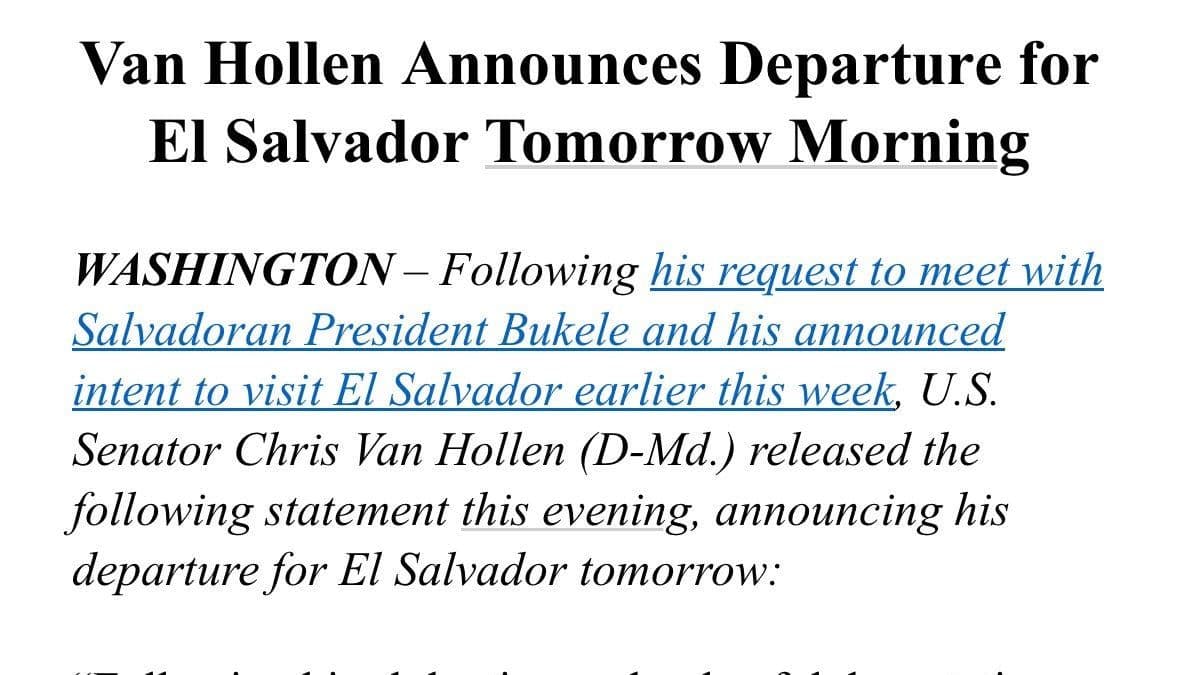 United States Senator Going to El Salvador Tomorrow to try Meeting Kilmar Abrego Garcia