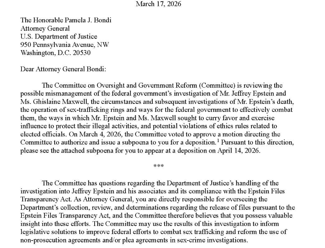 Major Mid-Day Update: Pam Bondi Subpoenaed Over Epstein Files as Trump 'Angrier than Ever' Over Allies Refusing to Help in Iran War